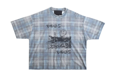 Tie-dye t-shirt with graphic design and text on a white background