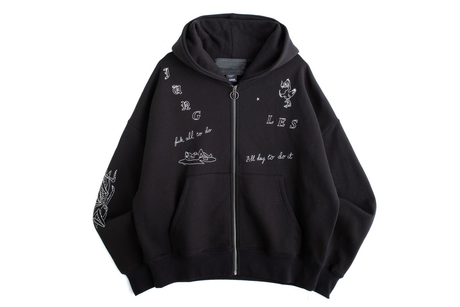 Black hoodie with white text and graphics on a white background