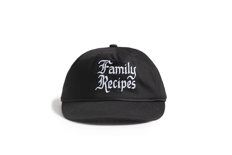 Black cap with 'Family Recipes' text on a white background