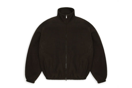A dark brown zip-up jacket with a stand-up collar, displayed flat against a plain white background.