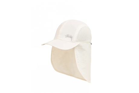 White sun visor hat with a brand logo on a white background
