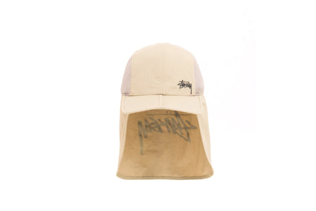 Beige bucket hat with a brand logo on a white background