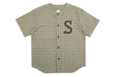 Plaid Baseball shirt with a felt S on the left chest felt letter on a white background. 