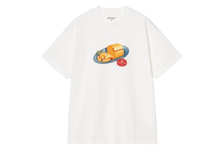 A white short-sleeve crewneck t-shirt featuring a colorful graphic print of a cheese slice on a plate with a small red circular badge, displayed against a solid white background.