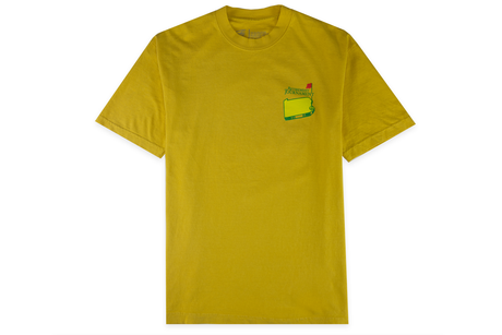 Yellow t-shirt with a small graphic on the chest against a white background