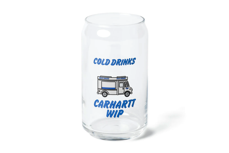 Clear glass with a truck graphic and text on a white background