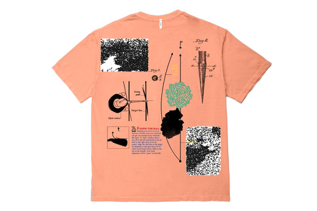 Peach t-shirt with black and white abstract designs on the back