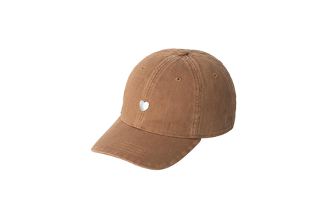 Brown cap with a white heart emblem on a white background