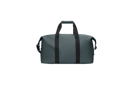 Green duffel bag with black straps on a white background