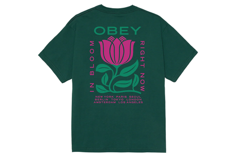 Green t-shirt with pink tulip graphic and 'Obey' text on a white background