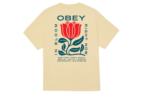 Beige t-shirt with a red and green floral graphic and 'Obey' text on a white background