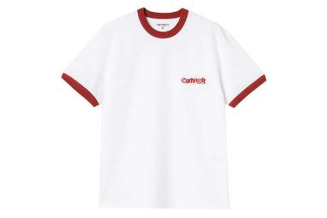 White t-shirt with red trim and logo on a white background