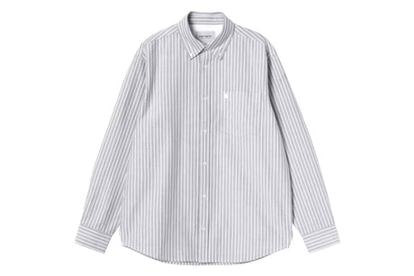 A long-sleeve button-down shirt with vertical gray and white stripes, featuring a classic collar, button front, and a small embroidered logo on the left chest.