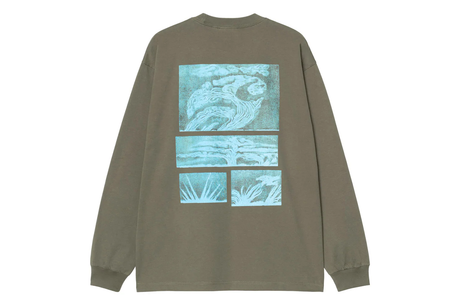 Green long-sleeve shirt with a graphic design on the back against a white background