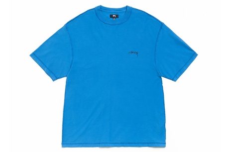 Blue t-shirt with a small logo on a white background