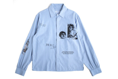 Light blue jacket with graphic designs and text on a white background