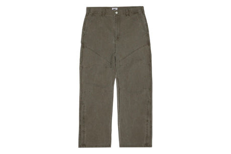 A pair of olive green wide-leg work pants with diagonal seam detailing on the front thighs, displayed flat against a solid white background.