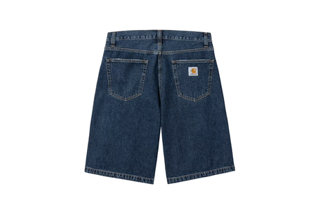 Blue denim shorts with a brand logo on the back pocket against a white background