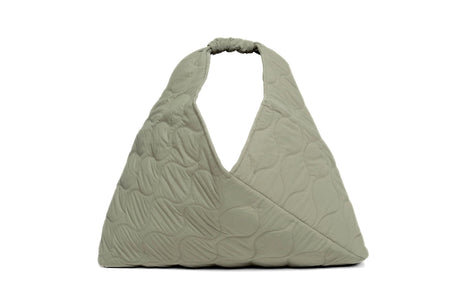 A light sage green quilted shoulder bag with a single top handle, shown against a plain white background.