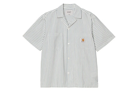 Striped shirt with a brand logo on a white background