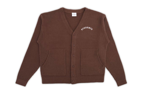 Brown cardigan on e white background.