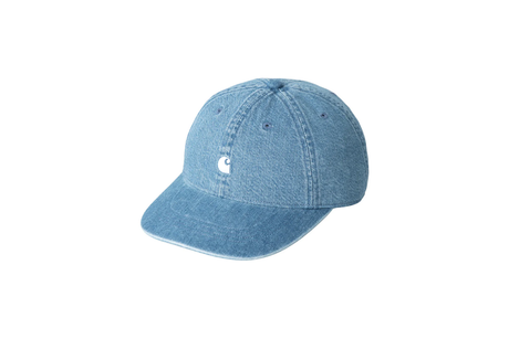 Blue denim cap with a small white logo on a white background