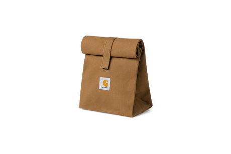Brown lunch bag with a visible brand logo on a white background