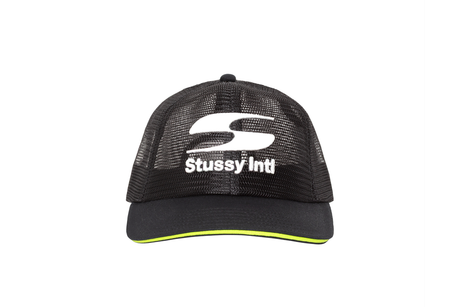Black mesh cap with white logo on a white background