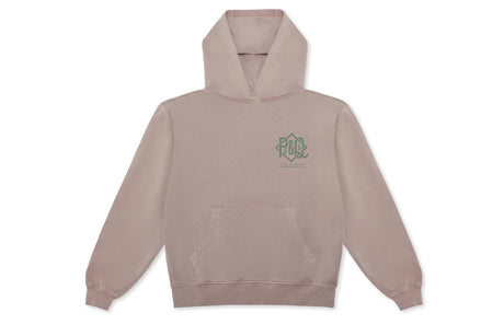 A dusty rose pink pullover hoodie with a small green embroidered graphic on the left chest, displayed on a clean white background.