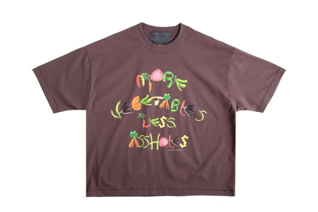 Brown t-shirt with colorful graphic design on a white background