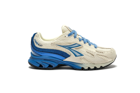 Blue and beige sneaker on white background.