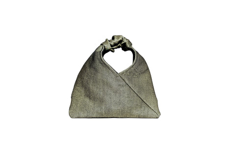 A textured olive green fabric handbag with a knotted top handle, shown against a plain white background.