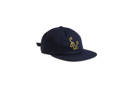 A navy blue flat-brim cap with a yellow embroidered cursive 'SW' logo on the front, shown against a plain white background.