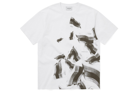 White t-shirt with black abstract pattern on a white background
