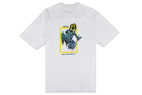 Colorful frog graphic on white t-shirt with white background.