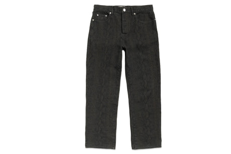 Black textured denim jeans with a subtle embossed pattern, shown flat against a solid white background.