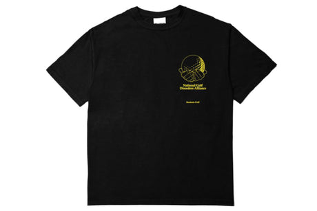 Black T-Shirt with yellow print on the left chest, on a white background.