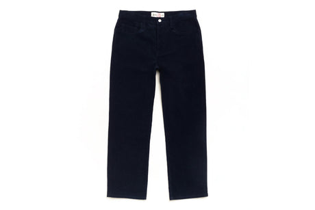 A pair of dark navy blue corduroy pants shown flat against a solid white background.