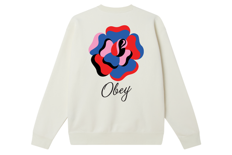 White sweatshirt with a colorful flower design and 'Obey' text on the back.