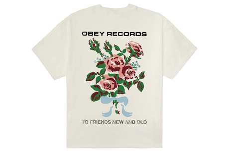 White t-shirt with floral design and 'Obey Records' text on a white background