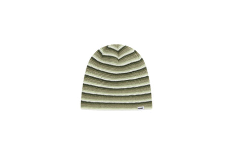A knit beanie hat with horizontal stripes in olive green, beige, and gray, shown against a plain white background.