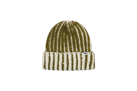 A ribbed knit beanie hat featuring vertical stripes in olive green and cream, with a folded cuff and a small white Obey logo tag on the side, set against a plain white background.