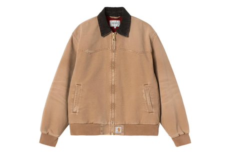 Brown jacket with black collar on a white background