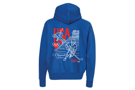 Blue hoodie with Olympic-themed graphics on a white background