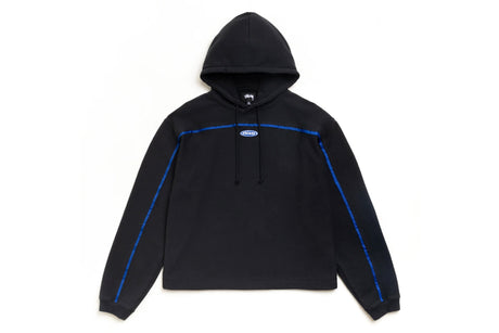 Black hoodie with blue accents on a white background