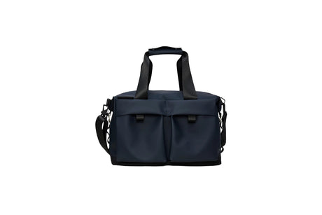 Navy blue duffel bag with black straps on a white background