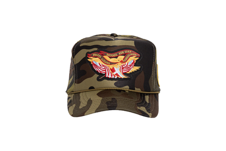Camouflage cap with an eagle emblem on a white background