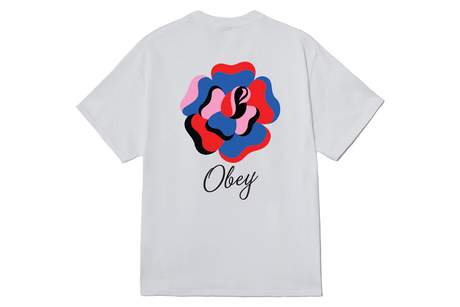 White t-shirt with a colorful flower design and 'Obey' logo on the back.