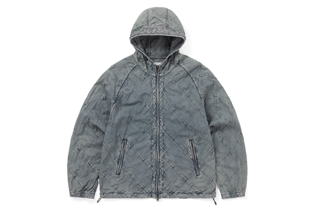 Gray quilted jacket with a hood on a white background