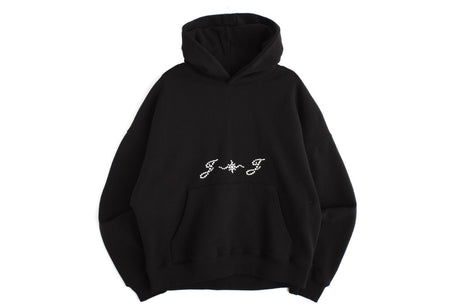 A black pullover hoodie with a white embroidered graphic on the chest, displayed against a solid white background.